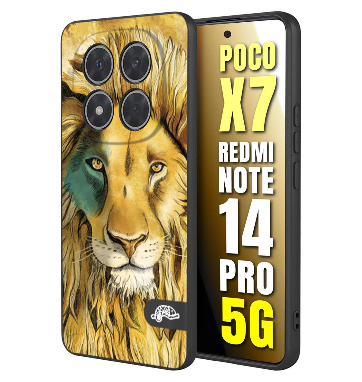 CUSTOMIZZA - Custodia cover nera morbida in tpu compatibile per Xiaomi Redmi Note 14 PRO 5G leone lion disegnato a mano giallo blu a rilievo artistico brown