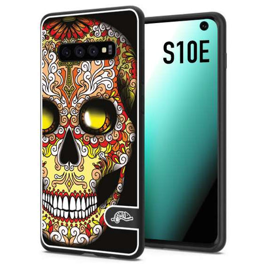 CUSTOMIZZA - Custodia cover nera morbida in tpu compatibile per Samsung S10E teschio messicano Mexican skull giallo rosso arancio