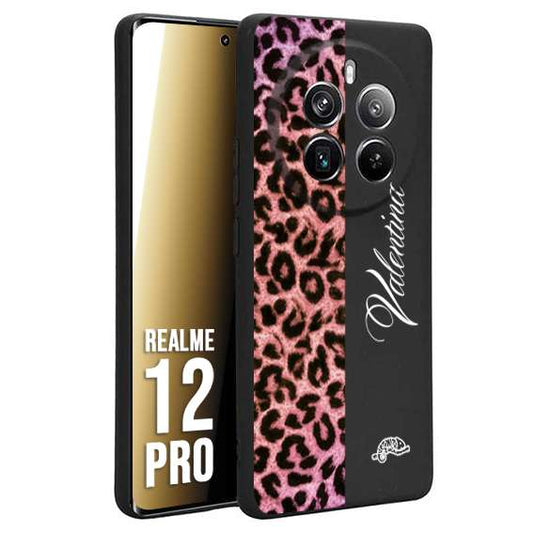 CUSTOMIZZA - Custodia cover nera morbida in tpu compatibile per Realme 12 PRO leopardato rosa fucsia personalizzata nome iniziali