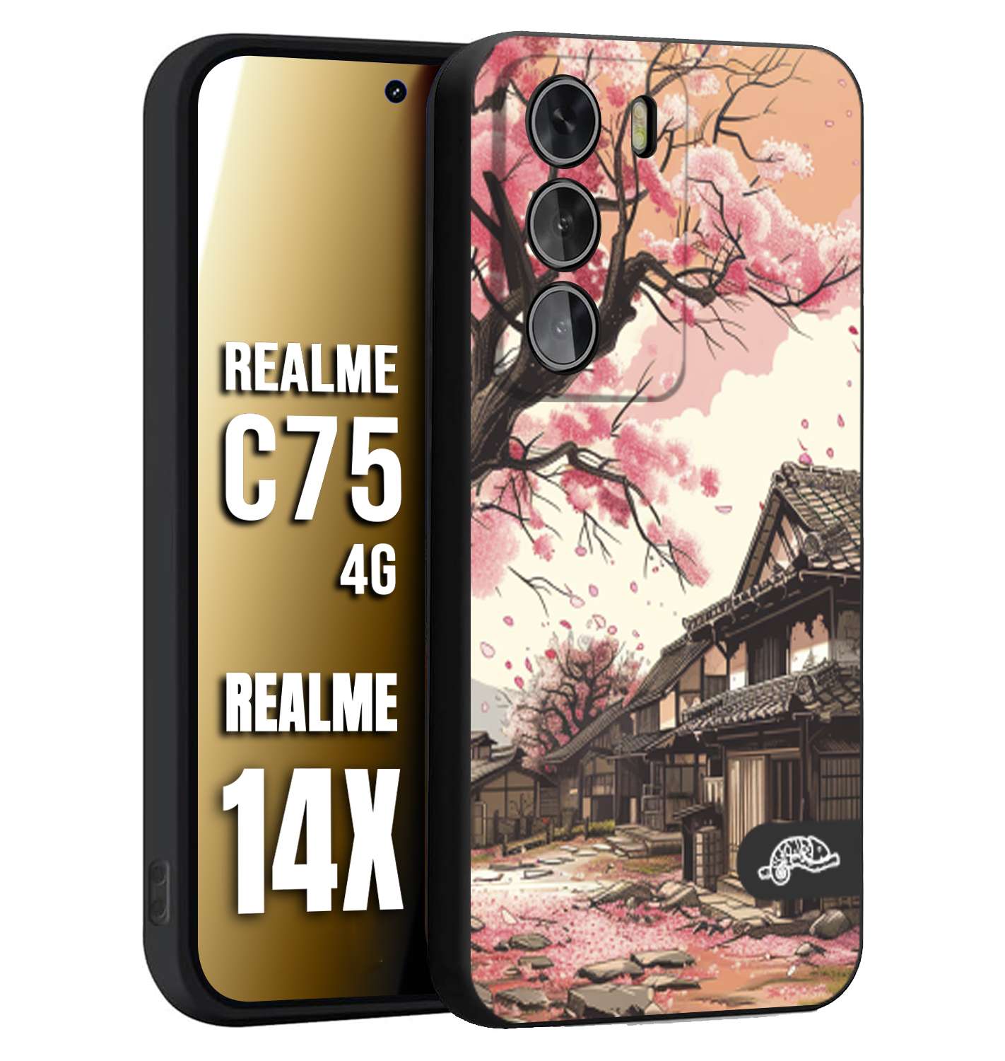 CUSTOMIZZA - Custodia cover nera morbida in tpu compatibile per Realme 14X - C75 4G casa giapponese rosa ciliegio in fiore disegnata tattoo