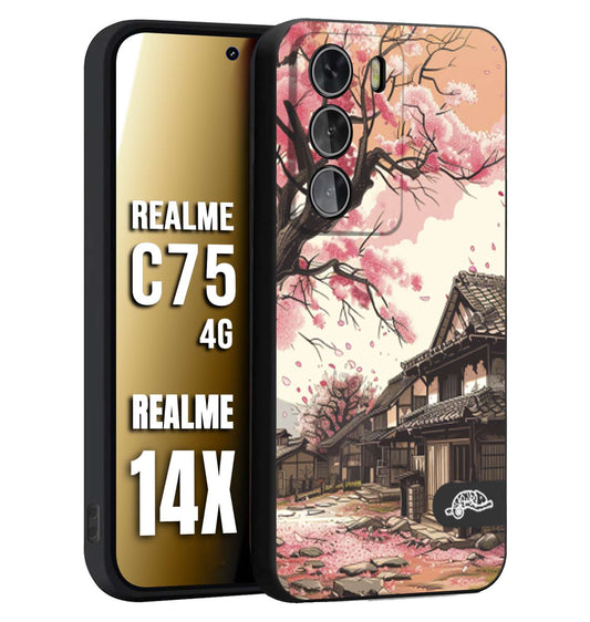 CUSTOMIZZA - Custodia cover nera morbida in tpu compatibile per Realme 14X - C75 4G casa giapponese rosa ciliegio in fiore disegnata tattoo