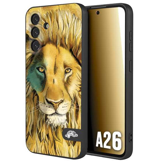 CUSTOMIZZA - Custodia cover nera morbida in tpu compatibile per Samsung A26 leone lion disegnato a mano giallo blu a rilievo artistico brown