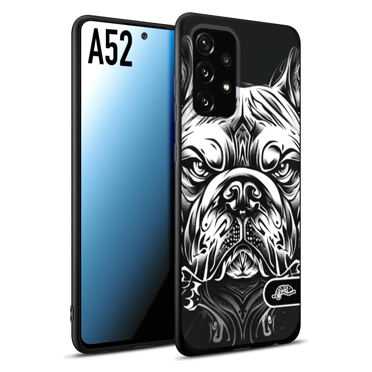 CUSTOMIZZA - Custodia cover nera morbida in tpu compatibile per Samsung A52 bulldog bianco a rilievo disegnato tattoo tatuaggio