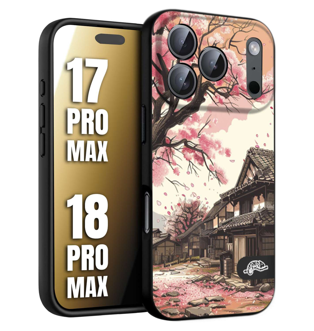 CUSTOMIZZA - Custodia cover nera morbida in tpu compatibile per iPhone 17 PRO MAX - 18 PRO MAX casa giapponese rosa ciliegio in fiore disegnata tattoo