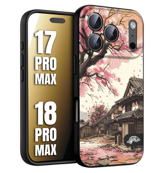 CUSTOMIZZA - Custodia cover nera morbida in tpu compatibile per iPhone 17 PRO MAX - 18 PRO MAX casa giapponese rosa ciliegio in fiore disegnata tattoo