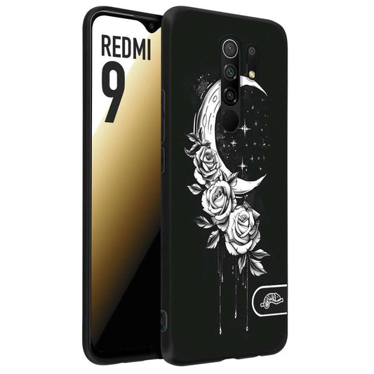 CUSTOMIZZA - Custodia cover nera morbida in tpu compatibile per Xiaomi Redmi 9 luna e fiori moon flowers black and white bianco a rilievo disegnato