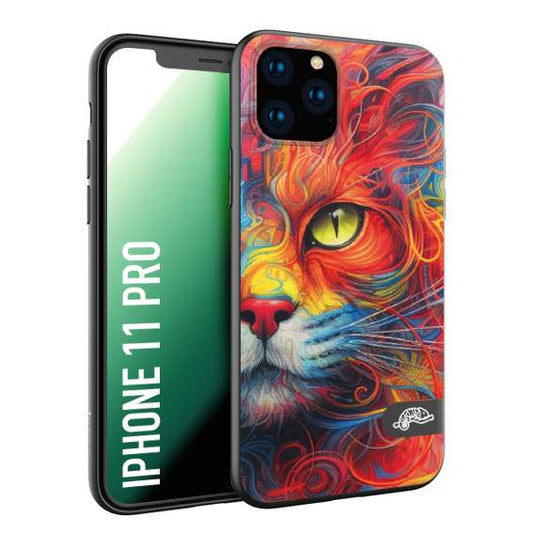 CUSTOMIZZA - Custodia cover nera morbida in tpu compatibile per iPhone 11 PRO animali color cat gatto viso colori vibranti disegnato schizzo