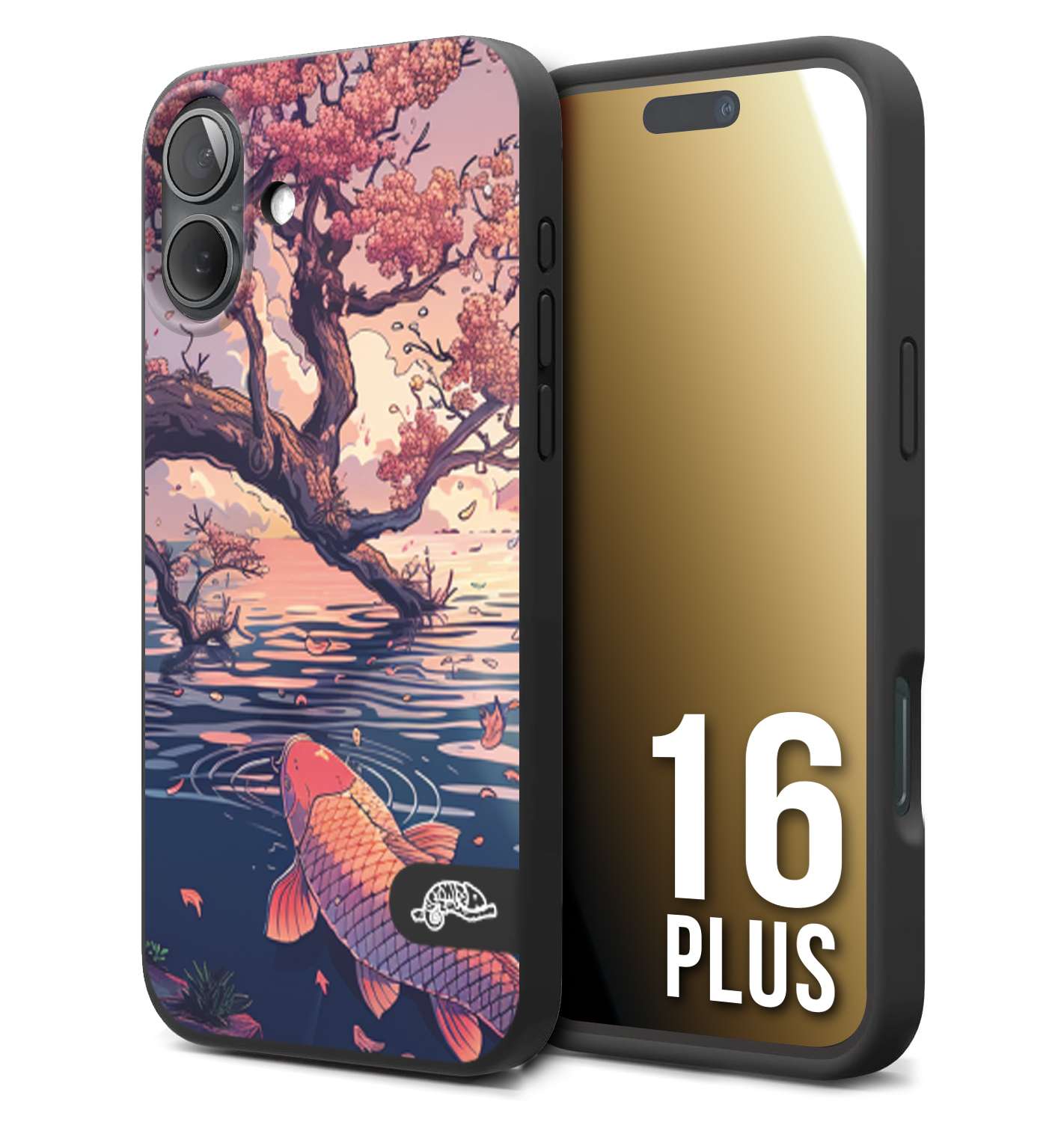 CUSTOMIZZA - Custodia cover nera morbida in tpu compatibile per iPhone 16 PLUS giapponese lago carpa koi rosa con foglie d'acero disegnata tattoo