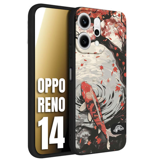 CUSTOMIZZA - Custodia cover nera morbida in tpu compatibile per Oppo Reno 14 giapponese lago carpa koi rossa con foglie d'acero rosso disegnata tattoo