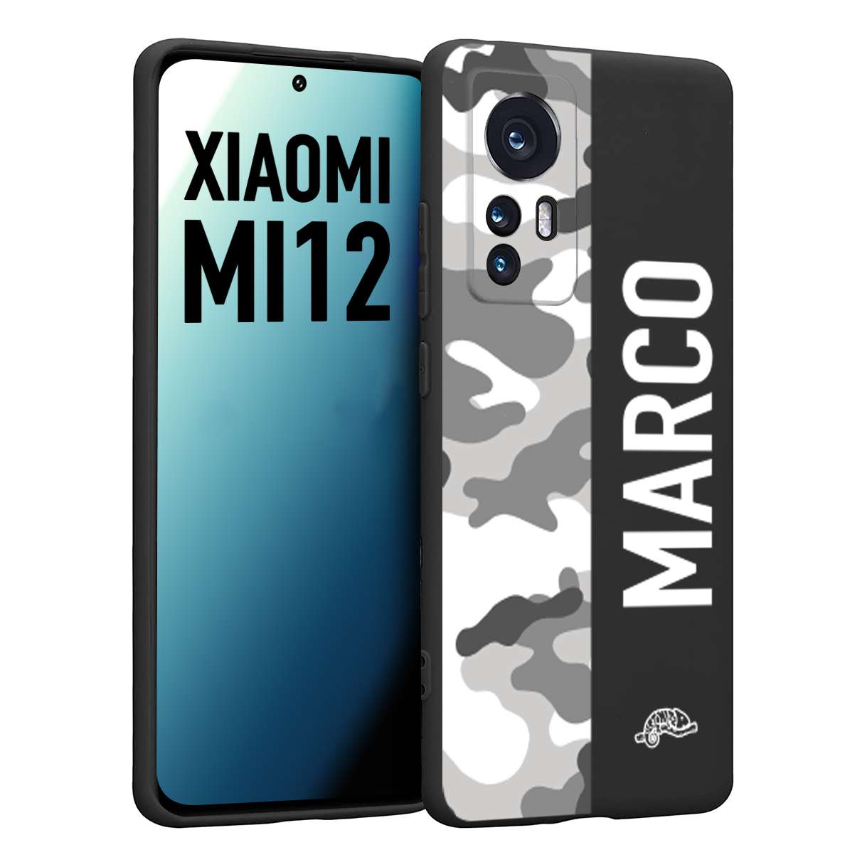 CUSTOMIZZA - Custodia cover nera morbida in tpu compatibile per Xiaomi 12 5G camouflage mimetico militare personalizzata nome bianco