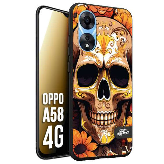 CUSTOMIZZA - Custodia cover nera morbida in tpu compatibile per Oppo A58 4G teschio messicano colorato dorato fiori tattoo disegnato