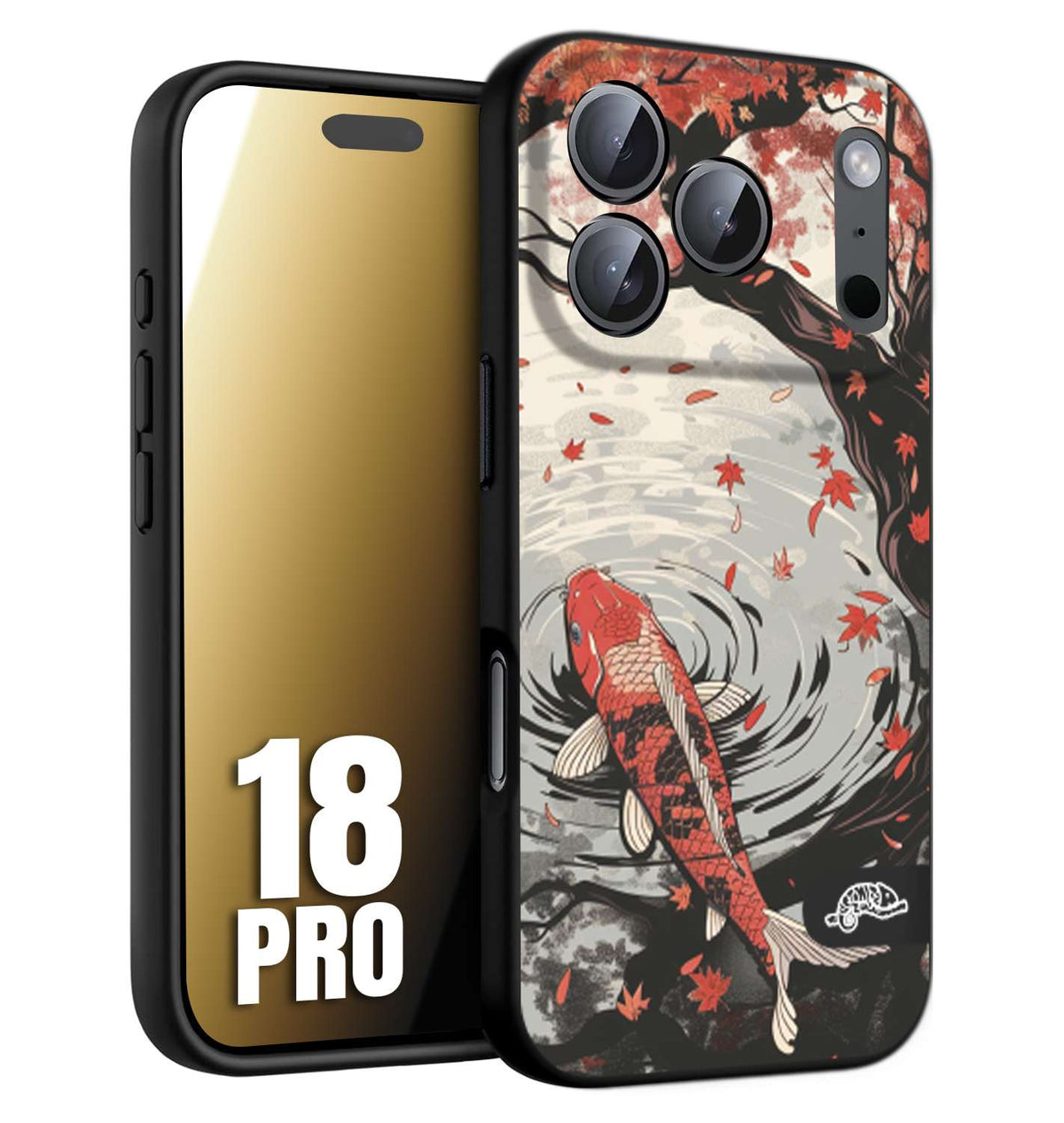 CUSTOMIZZA - Custodia cover nera morbida in tpu compatibile per iPhone 18 PRO giapponese lago carpa koi rossa con foglie d'acero rosso disegnata tattoo