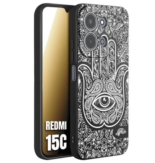 CUSTOMIZZA - Custodia cover nera morbida in tpu compatibile per Xiaomi Redmi 15C mano di fatima effetto rilievo mandala donna