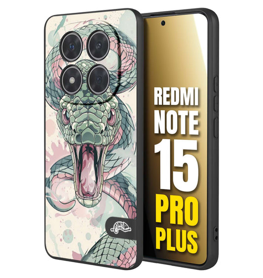 CUSTOMIZZA - Custodia cover nera morbida in tpu compatibile per Xiaomi Redmi Note 15 PRO PLUS snake pink green serpente tatuaggio tattoo disegnato a mano