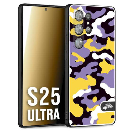 CUSTOMIZZA - Custodia cover nera morbida in tpu compatibile per Samsung S25 ULTRA camouflage mimetico militare viola lilla giallo
