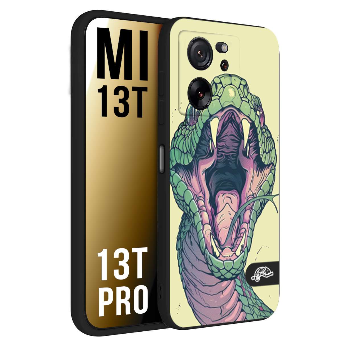 CUSTOMIZZA - Custodia cover nera morbida in tpu compatibile per Xiaomi 13T - 13T PRO snake yellow green serpente tatuaggio tattoo disegnato a mano