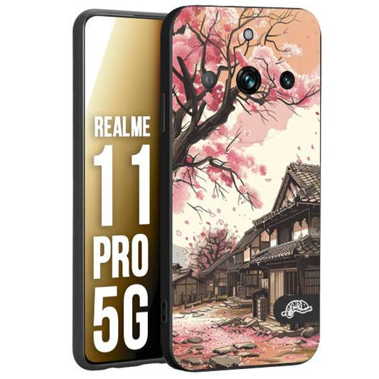 CUSTOMIZZA - Custodia cover nera morbida in tpu compatibile per Realme 11 PRO 5G casa giapponese rosa ciliegio in fiore disegnata tattoo