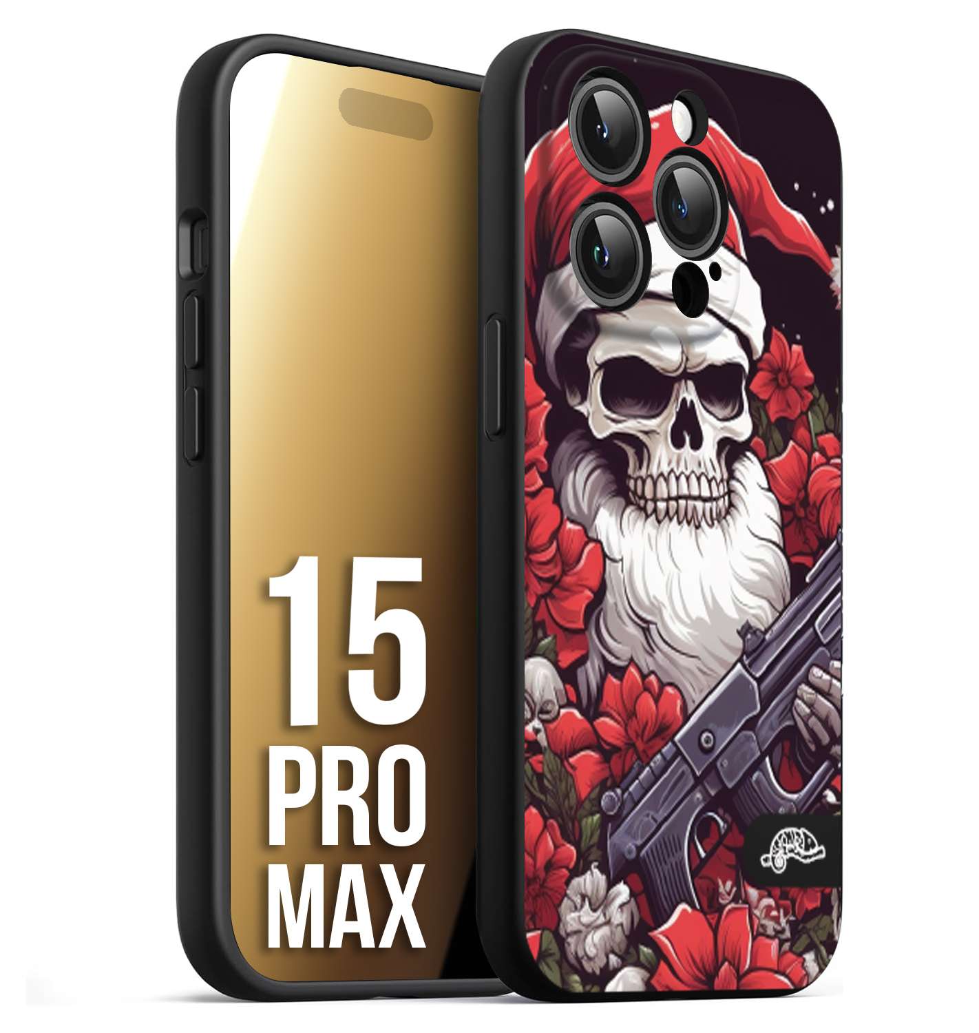 CUSTOMIZZA - Custodia cover nera morbida in tpu compatibile per iPhone 15 PRO MAX teschio natale santa claus fiori tattoo disegnato