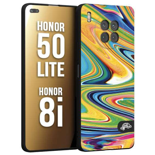 CUSTOMIZZA - Custodia cover nera morbida in tpu compatibile per Honor 8i - Honor 50 LITE colorata fantasia vortice marmo arcobaleno gialla verde blu