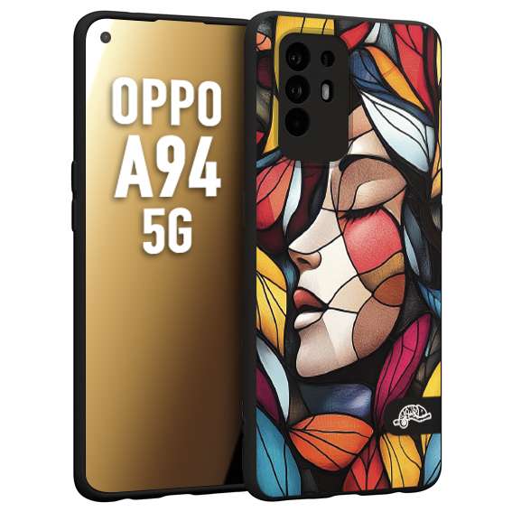 CUSTOMIZZA - Custodia cover nera morbida in tpu compatibile per Oppo A94 5G Vetrata artistica volto di donna profilo fogliare mosaico di vetro colorato