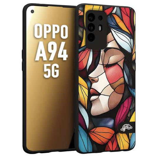 CUSTOMIZZA - Custodia cover nera morbida in tpu compatibile per Oppo A94 5G Vetrata artistica volto di donna profilo fogliare mosaico di vetro colorato