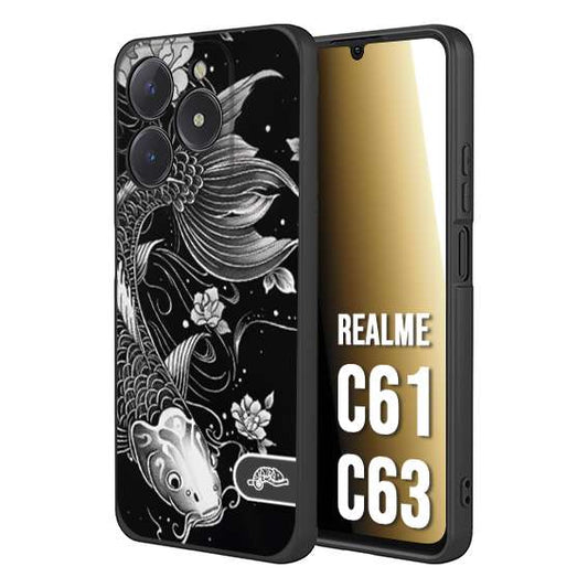 CUSTOMIZZA - Custodia cover nera morbida in tpu compatibile per Oppo C61 - C63 carpa koi black and white bianco a rilievo disegnato tattoo tatuaggio