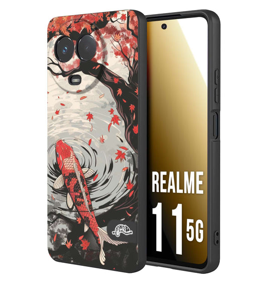 CUSTOMIZZA - Custodia cover nera morbida in tpu compatibile per Oppo Realme 11 5G giapponese lago carpa koi rossa con foglie d'acero rosso disegnata tattoo