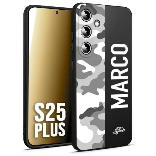 CUSTOMIZZA - Custodia cover nera morbida in tpu compatibile per Samsung S25 PLUS camouflage mimetico militare personalizzata nome bianco