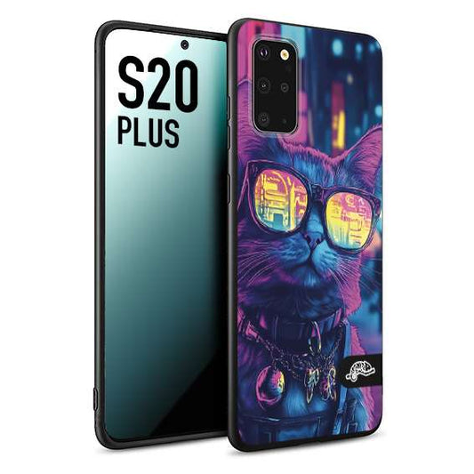 CUSTOMIZZA - Custodia cover nera morbida in tpu compatibile per Samsung S20 PLUS animali cyberpunk gatto street cat fucsia blu giallo
