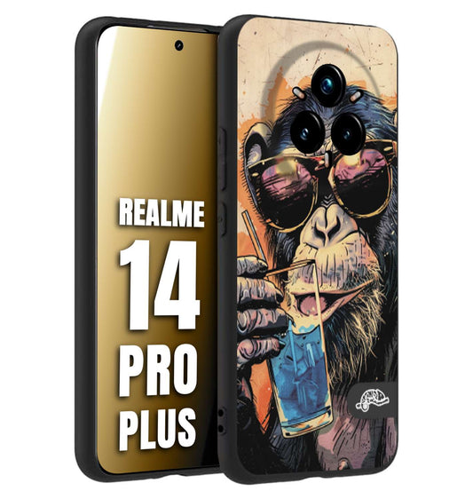 CUSTOMIZZA - Custodia cover nera morbida in tpu compatibile per Realme 14 PRO PLUS estate disegnata cocktails animali simpatici scimmia monkey negroni