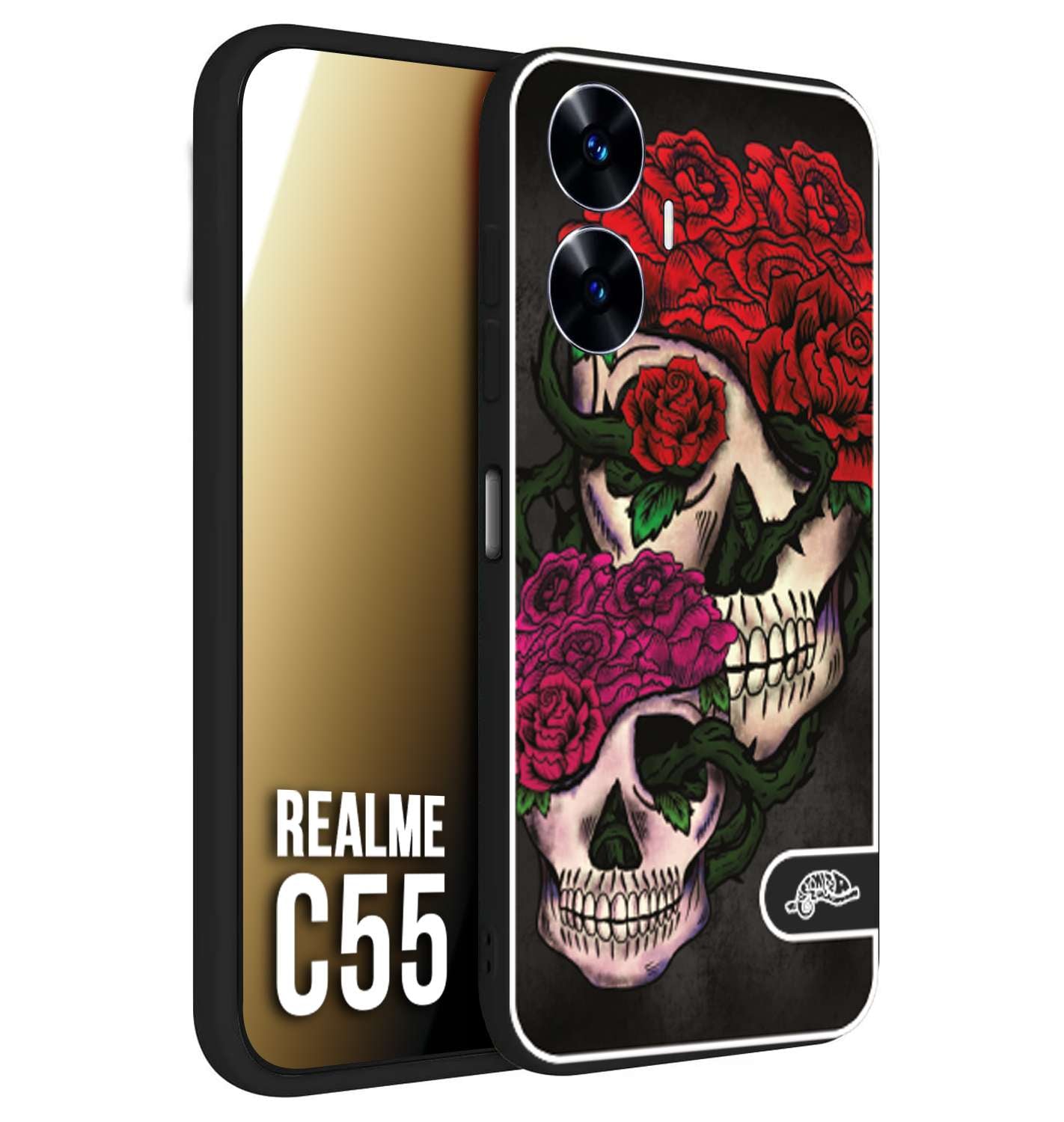 CUSTOMIZZA - Custodia cover nera morbida in tpu compatibile per Oppo C55 teschi e rose rosse fucsia skull and roses