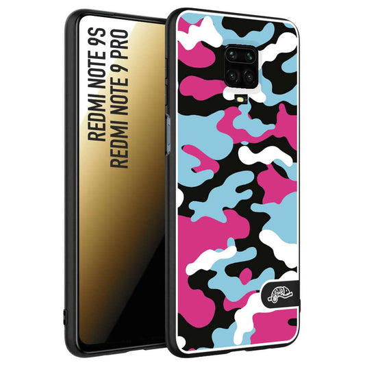 CUSTOMIZZA - Custodia cover nera morbida in tpu compatibile per Xiaomi Redmi Note 9S - Note 9 PRO camouflage mimetico militare fucsia celeste