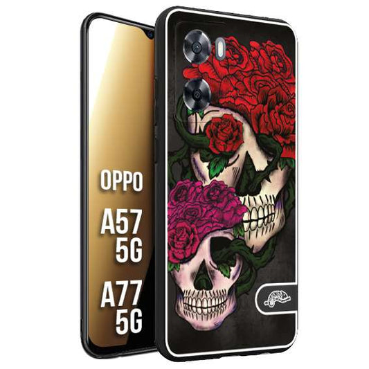 CUSTOMIZZA - Custodia cover nera morbida in tpu compatibile per Oppo A57 5G - A77 5G teschi e rose rosse fucsia skull and roses