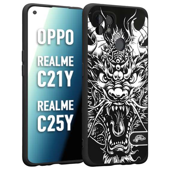 CUSTOMIZZA - Custodia cover nera morbida in tpu compatibile per Oppo Realme C21Y - C25Y drago black and white bianco a rilievo disegnato tattoo tatuaggio