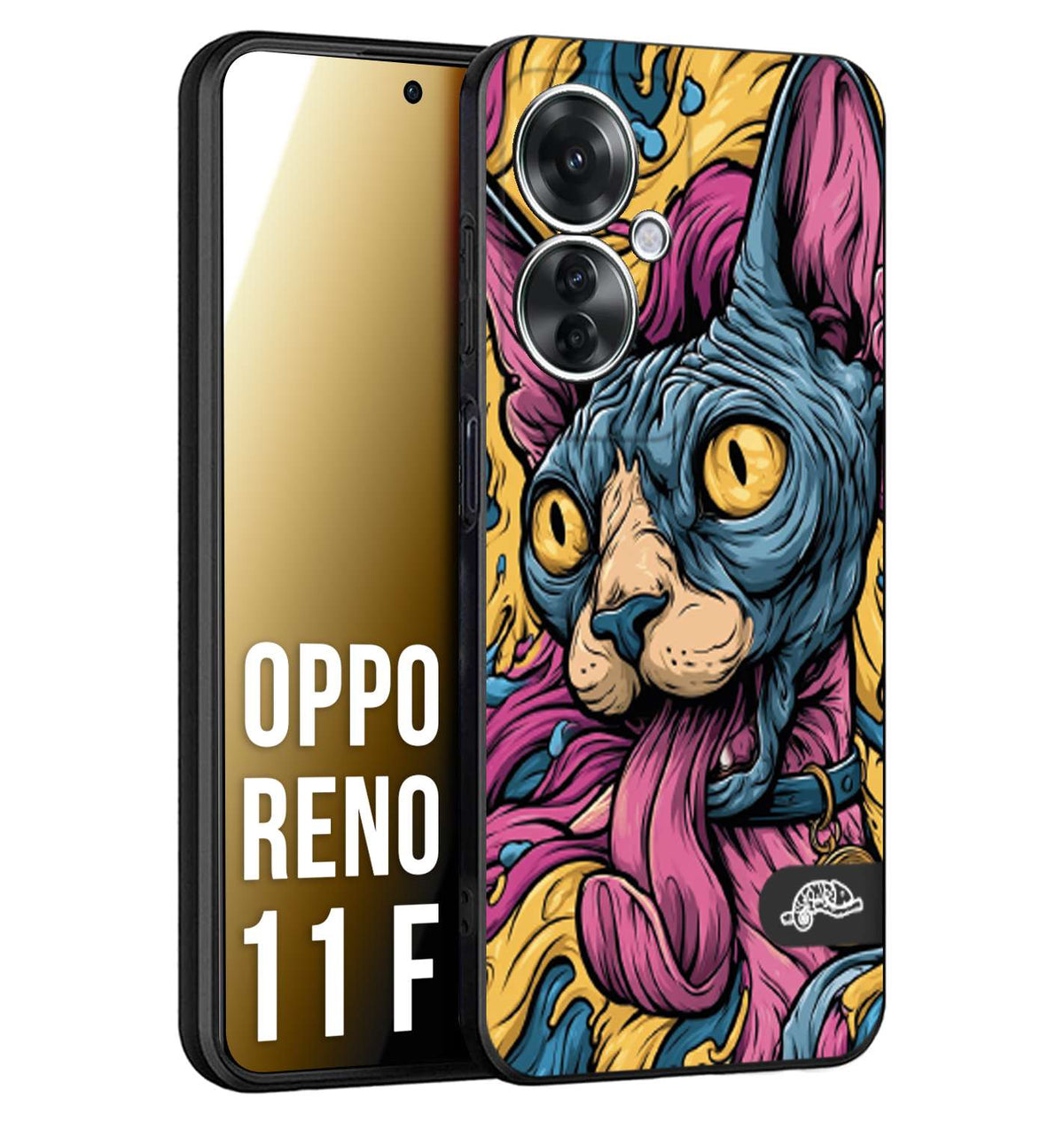 CUSTOMIZZA - Custodia cover nera morbida in tpu compatibile per Oppo Reno 11 F 5G Sphynx Colorato Pop Art Psichedelico Gatto Blu Rosa Giallo Artistica Fantasy