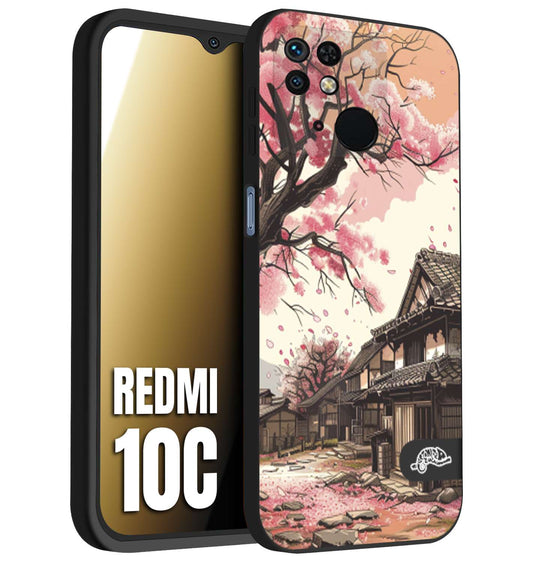 CUSTOMIZZA - Custodia cover nera morbida in tpu compatibile per Xiaomi Redmi 10C casa giapponese rosa ciliegio in fiore disegnata tattoo