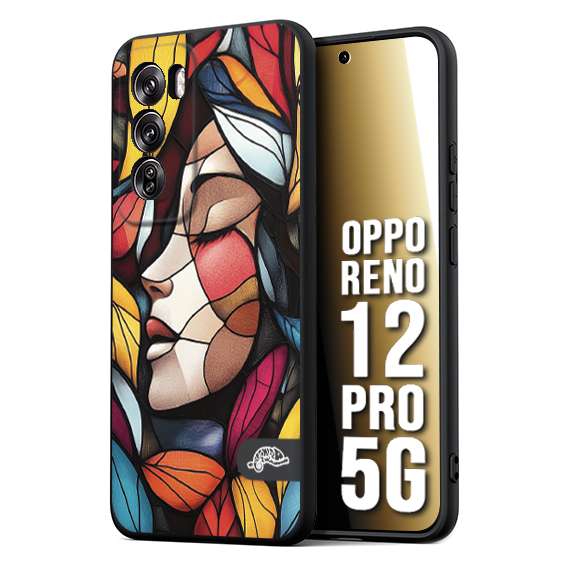 CUSTOMIZZA - Custodia cover nera morbida in tpu compatibile per Oppo Reno 12 PRO 5G Vetrata artistica volto di donna profilo fogliare mosaico di vetro colorato
