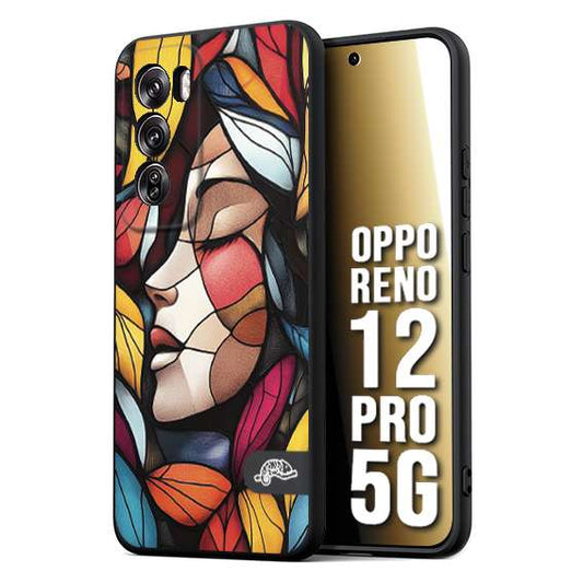 CUSTOMIZZA - Custodia cover nera morbida in tpu compatibile per Oppo Reno 12 PRO 5G Vetrata artistica volto di donna profilo fogliare mosaico di vetro colorato