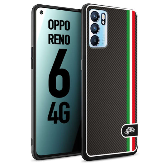 CUSTOMIZZA - Custodia cover nera morbida in tpu compatibile per Oppo Reno 6 4G effetto fibra di carbonio bandiera Italia made in Italy