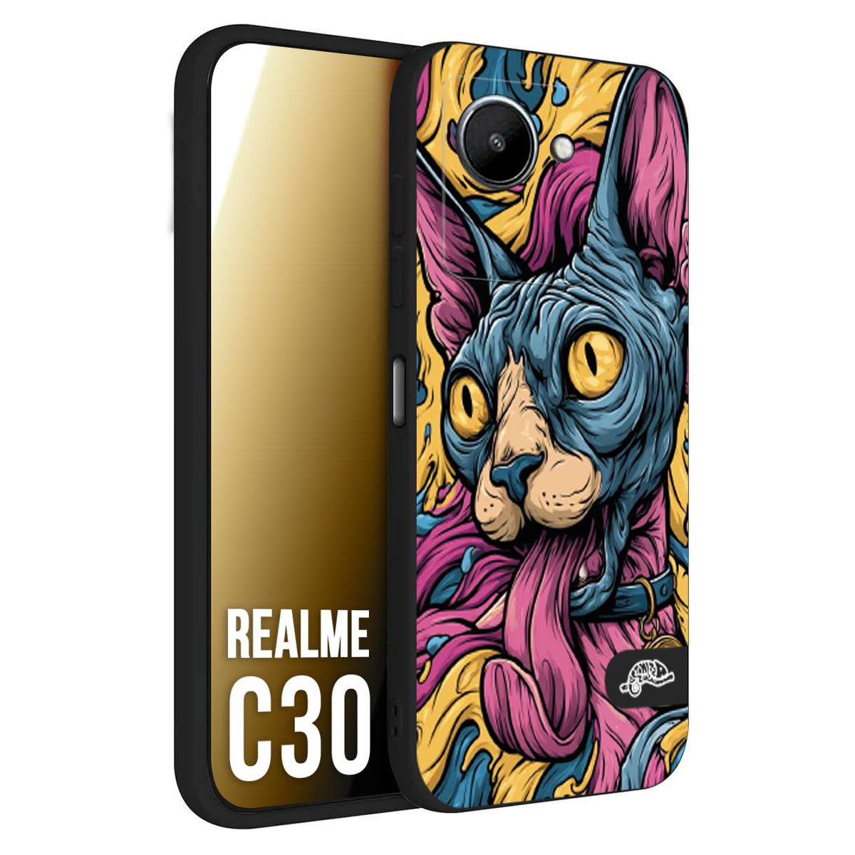 CUSTOMIZZA - Custodia cover nera morbida in tpu compatibile per Realme C30 Sphynx Colorato Pop Art Psichedelico Gatto Blu Rosa Giallo Artistica Fantasy