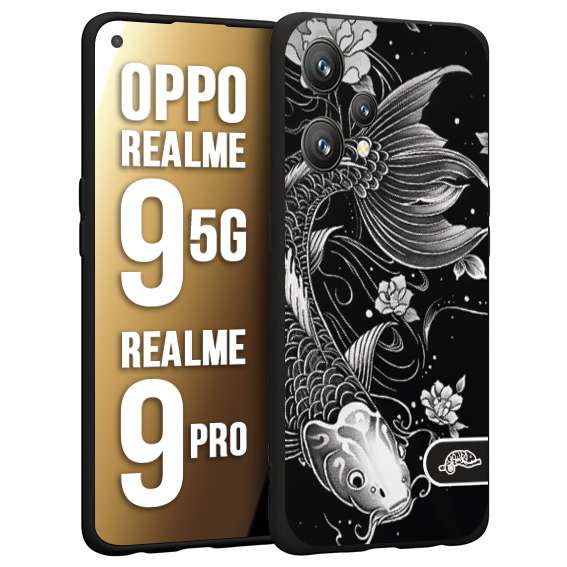 CUSTOMIZZA - Custodia cover nera morbida in tpu compatibile per Oppo Realme 9 5G - 9 PRO carpa koi black and white bianco a rilievo disegnato tattoo tatuaggio