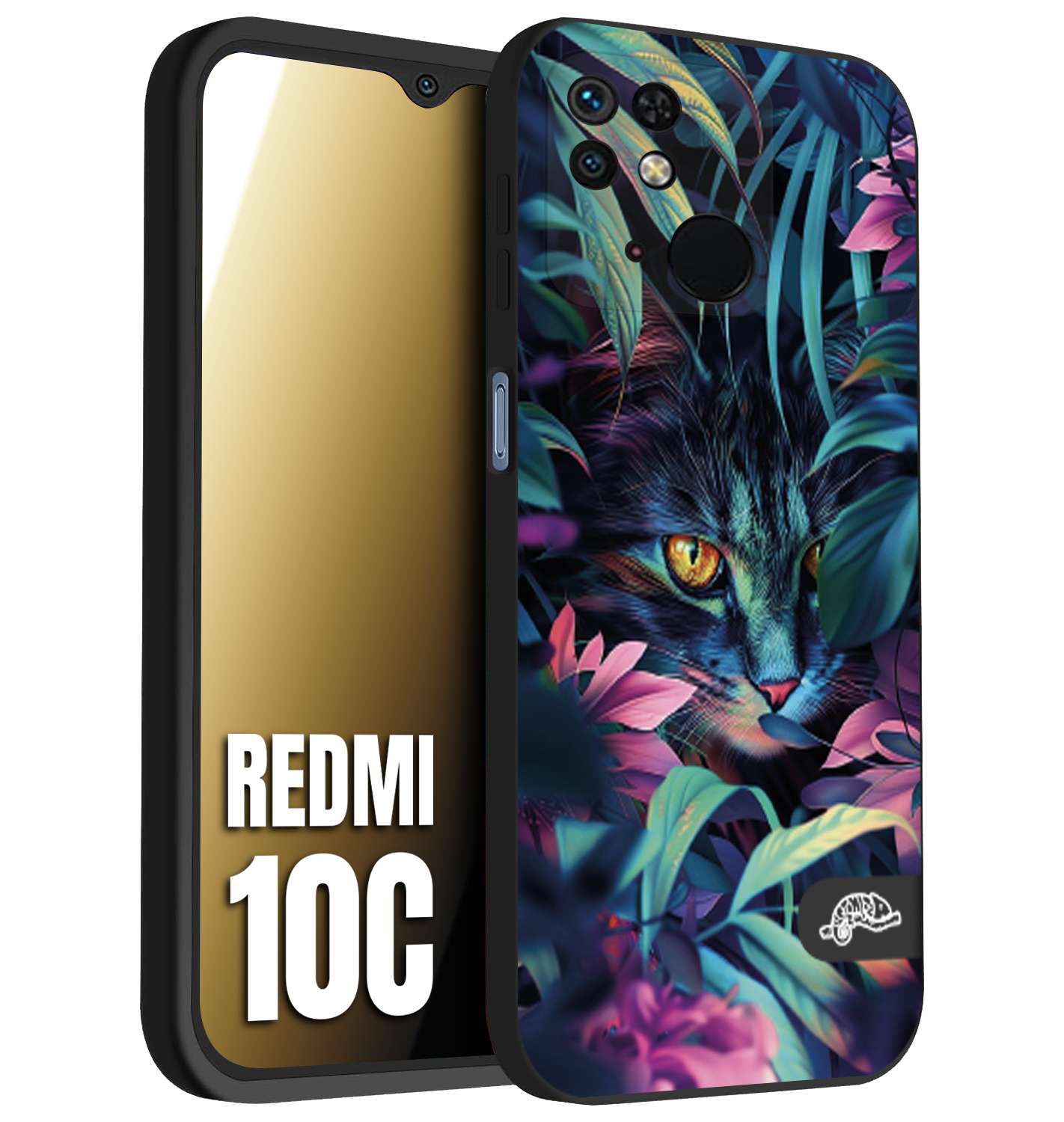 CUSTOMIZZA - Custodia cover nera morbida in tpu compatibile per Xiaomi Redmi 10C animali color giungla tropicale occhio di gatto colori vibranti disegnato