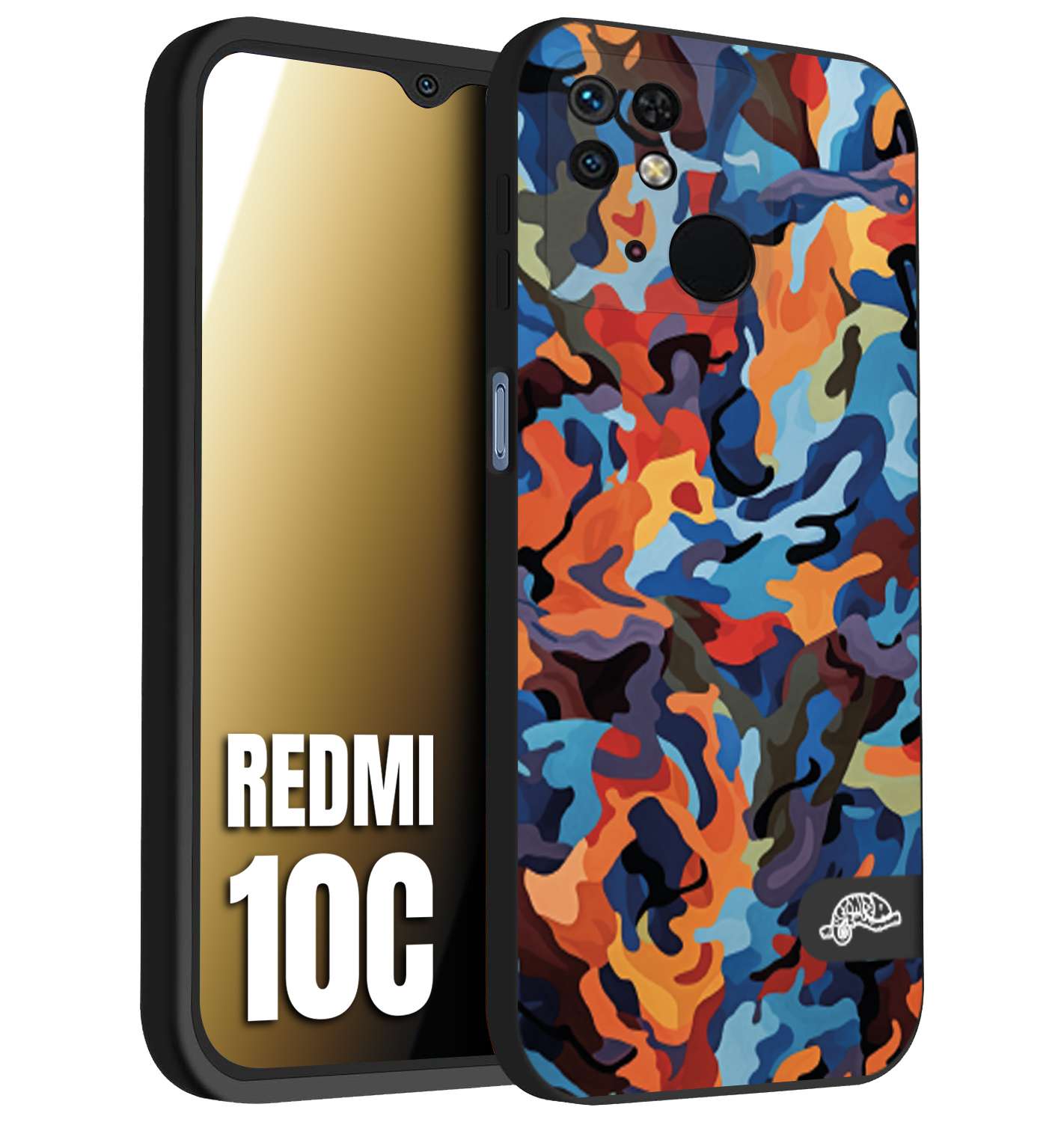 CUSTOMIZZA - Custodia cover nera morbida in tpu compatibile per Xiaomi Redmi 10C camouflage mimetico militare moderno blu arancio rosso