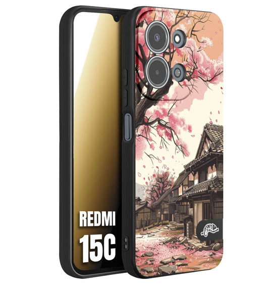 CUSTOMIZZA - Custodia cover nera morbida in tpu compatibile per Xiaomi Redmi 15C casa giapponese rosa ciliegio in fiore disegnata tattoo
