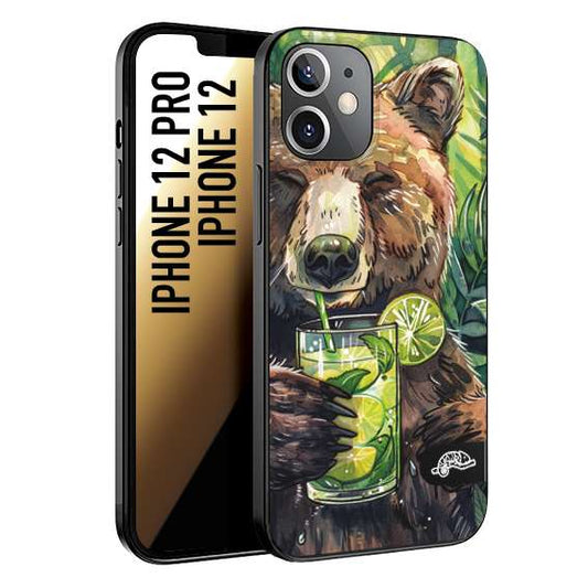 CUSTOMIZZA - Custodia cover nera morbida in tpu compatibile per iPhone 12 - 12 PRO estate disegnata cocktails animali simpatici orso bear negroni