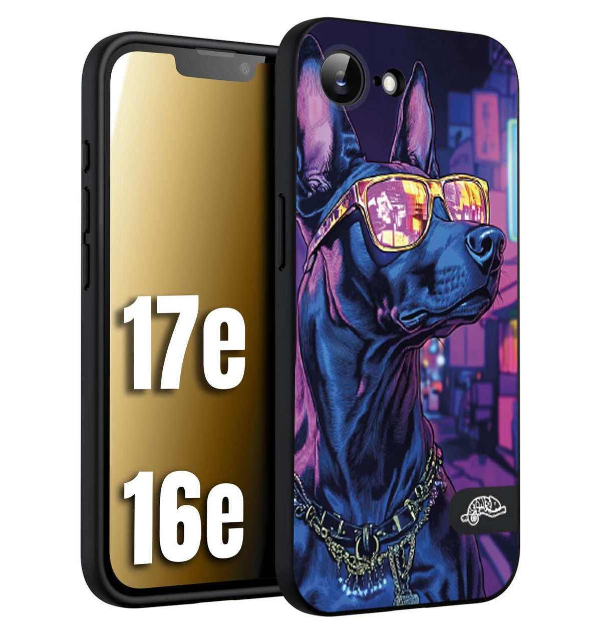 CUSTOMIZZA - Custodia cover nera morbida in tpu compatibile per iPhone 16E - 17E animali cyberpunk dobermann cane street dog fucsia blu night