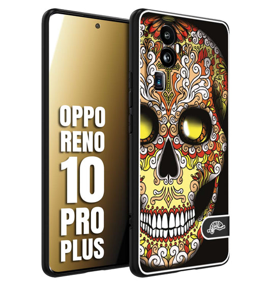 CUSTOMIZZA - Custodia cover nera morbida in tpu compatibile per Oppo Reno 10 PRO PLUS teschio messicano Mexican skull giallo rosso arancio