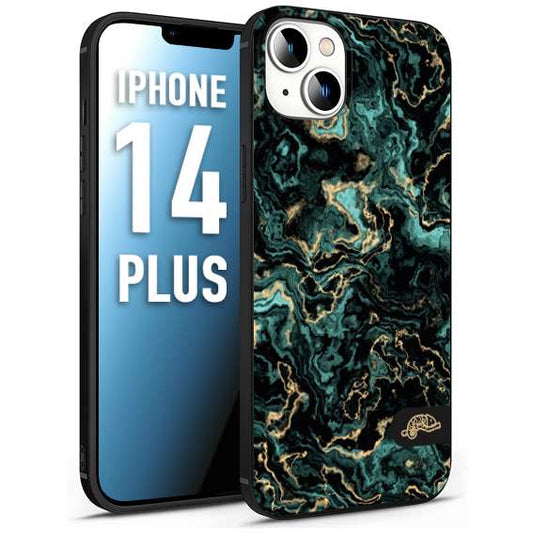 CUSTOMIZZA - Custodia cover nera morbida in tpu compatibile per iPhone 14 PLUS effetto marmo marble verde green venature dorato pietra