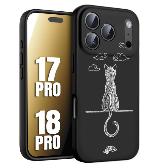 CUSTOMIZZA - Custodia cover nera morbida in tpu compatibile per iPhone 17 PRO - 18 PRO gatto mandala stilizzato gattino a rilievo soft touch donna bianca