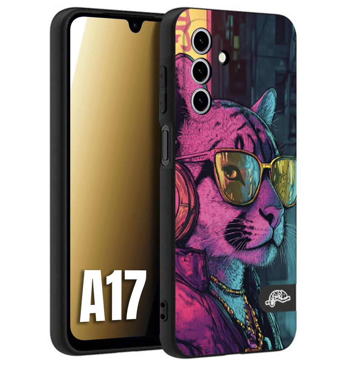 CUSTOMIZZA - Custodia cover nera morbida in tpu compatibile per Samsung A17 animali cyberpunk pantera street cat fucsia blu giallo